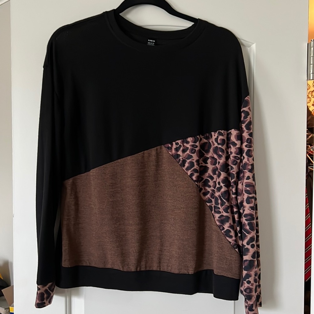 Shein asymmetrical block leopard print long sleeve sweater